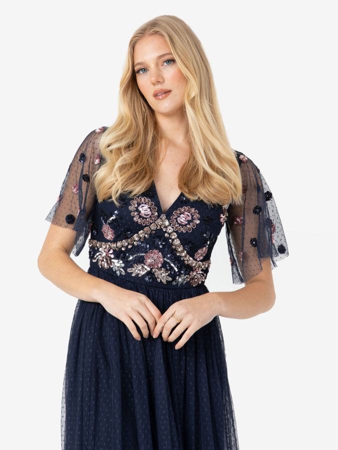 Maya Floral Embellished Navy Spot Mesh Maxi Dress