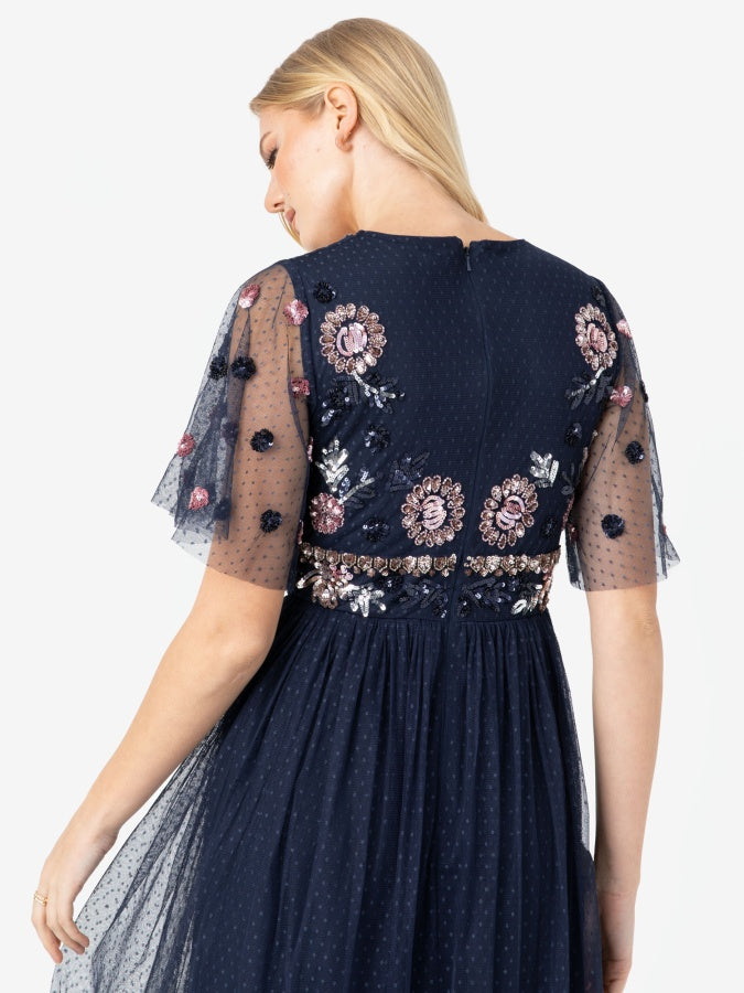 Maya Floral Embellished Navy Spot Mesh Maxi Dress