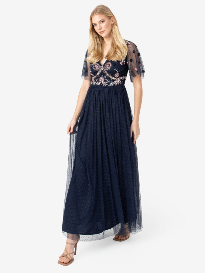 Maya Floral Embellished Navy Spot Mesh Maxi Dress