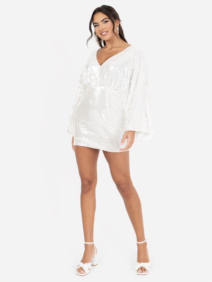 Maya White Fully Embellished Kimono Sleeve & Open Back Mini Dress