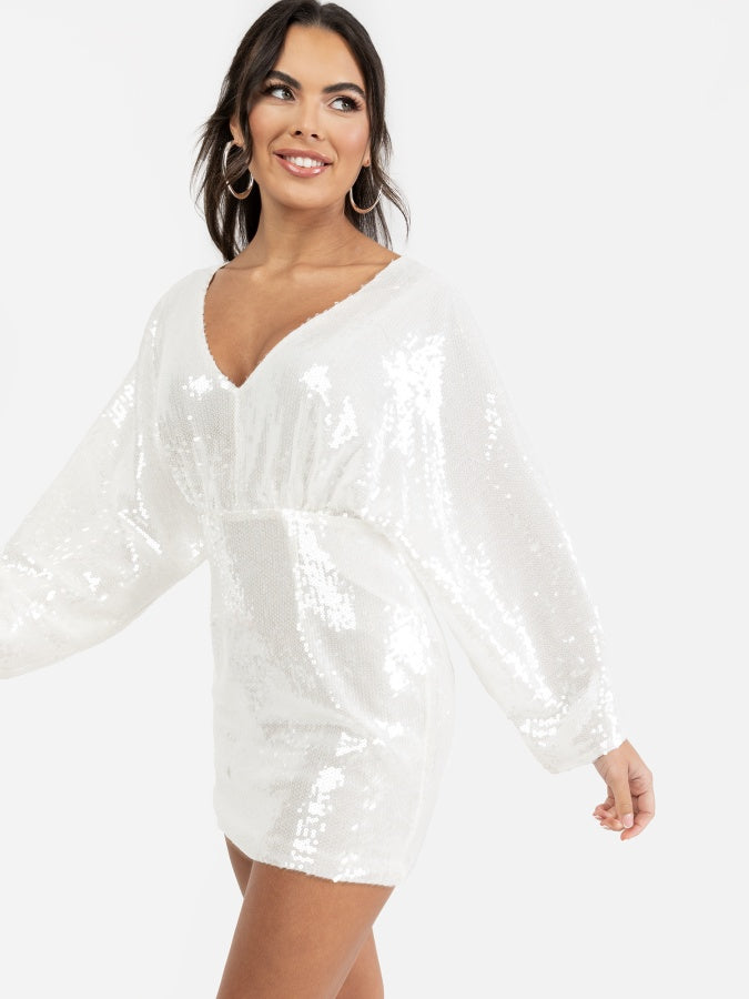 Maya White Fully Embellished Kimono Sleeve & Open Back Mini Dress