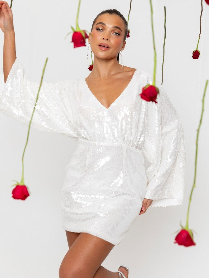 Maya White Fully Embellished Kimono Sleeve & Open Back Mini Dress