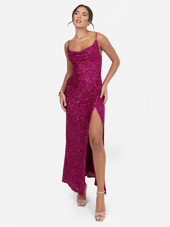 Maya Hot Pink Fully Embellished Cami Cowl Neck Maxi Dress