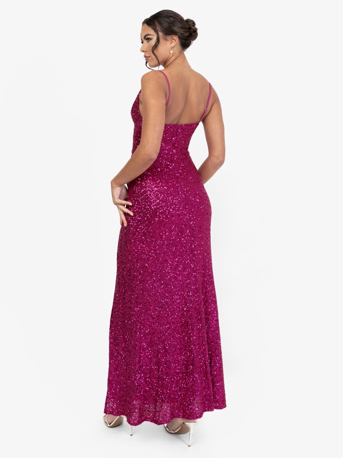 Maya Hot Pink Fully Embellished Cami Cowl Neck Maxi Dress