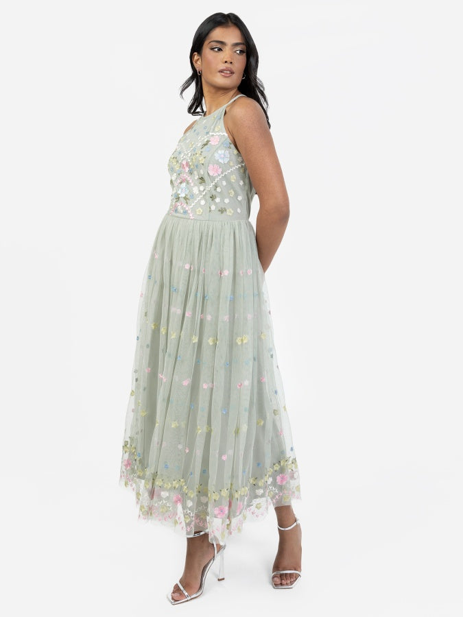 Maya Sage Green Floral Embroidered Halter Neck Midaxi Dress