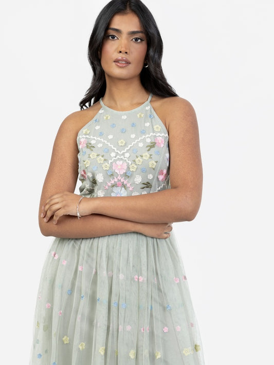 Maya Sage Green Floral Embroidered Halter Neck Midaxi Dress