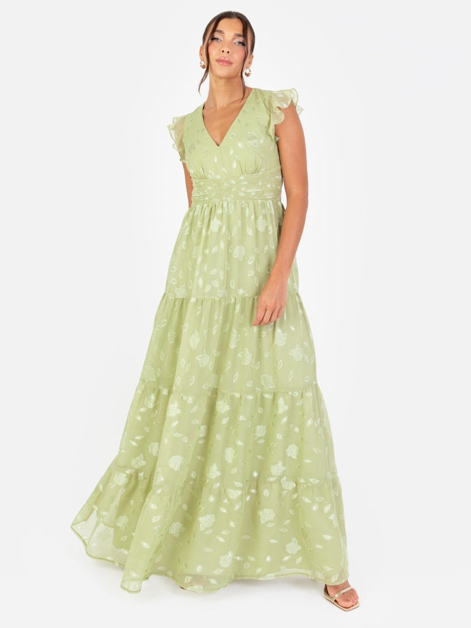 Maya Sage Green Floral Flutter Sleeve V Neck Maxi Dress