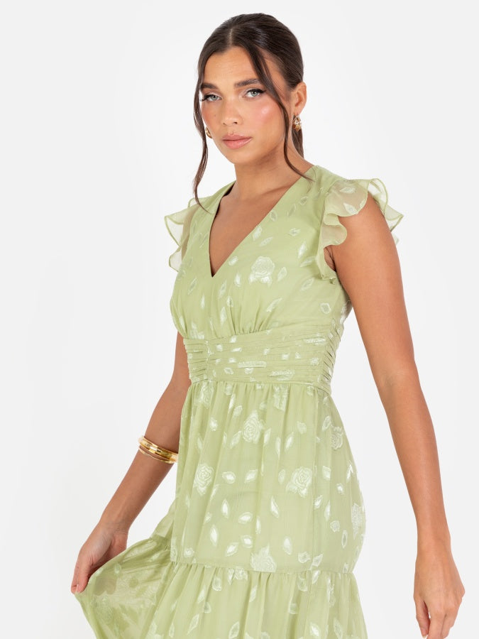Maya Sage Green Floral Flutter Sleeve V Neck Maxi Dress