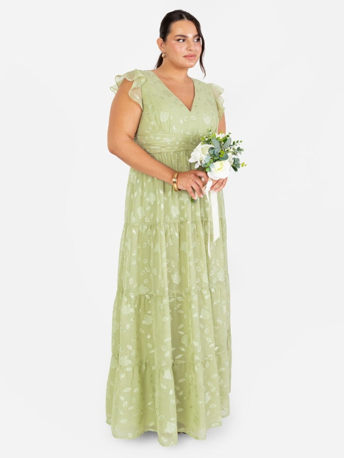 Maya Sage Green Floral Flutter Sleeve V Neck Maxi Dress