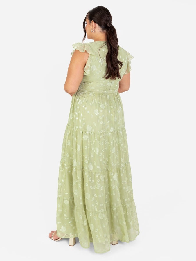 Maya Sage Green Floral Flutter Sleeve V Neck Maxi Dress