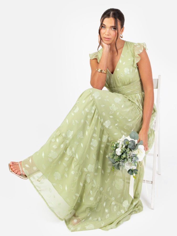 Maya Sage Green Floral Flutter Sleeve V Neck Maxi Dress