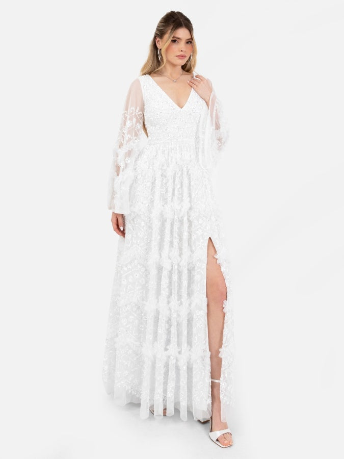 asos maya fully embellished bridal maxi dress in white price Maya Bridal long sleeved maxi dress with delicate sequin and tulle skirt in ecru white