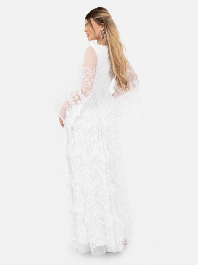 Maya Ivory Fully Embellished V Neck Long Sleeve Bridal Maxi Dress