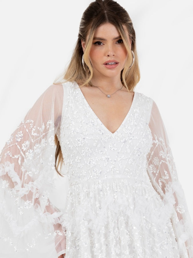 asos maya fully embellished bridal maxi dress in white price Maya Bridal long sleeved maxi dress with delicate sequin and tulle skirt in ecru white