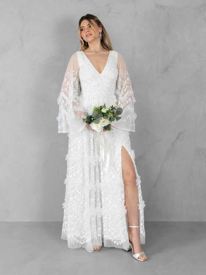 Maya Ivory Fully Embellished V Neck Long Sleeve Bridal Maxi Dress