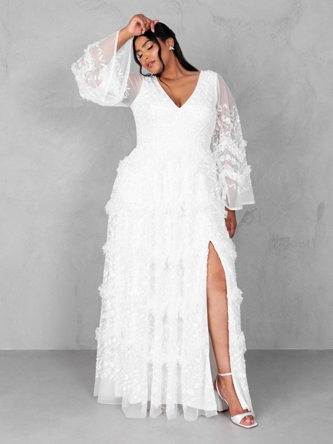 Maya Ivory Fully Embellished V Neck Long Sleeve Bridal Maxi Dress