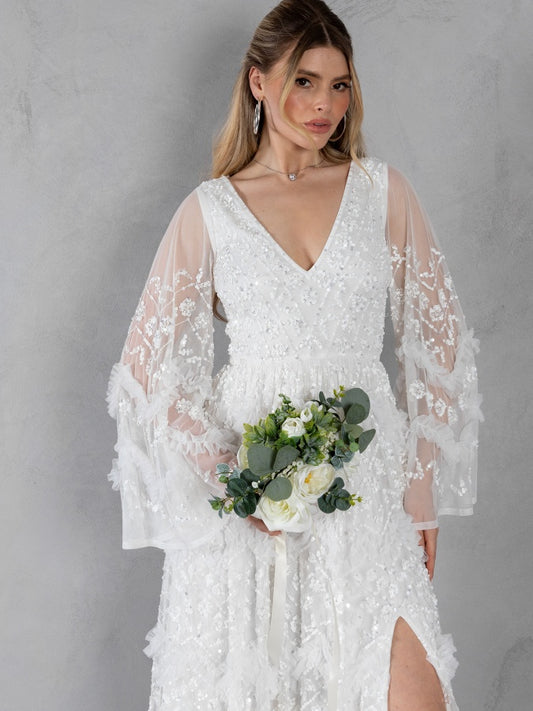 Maya Ivory Fully Embellished V Neck Long Sleeve Bridal Maxi Dress