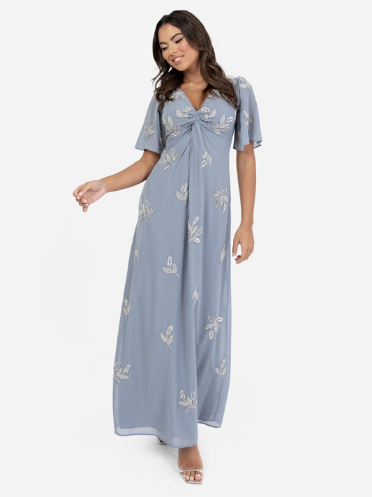 Maya Dusty Blue Embellished Knot Front & Angel Sleeve Maxi Dress