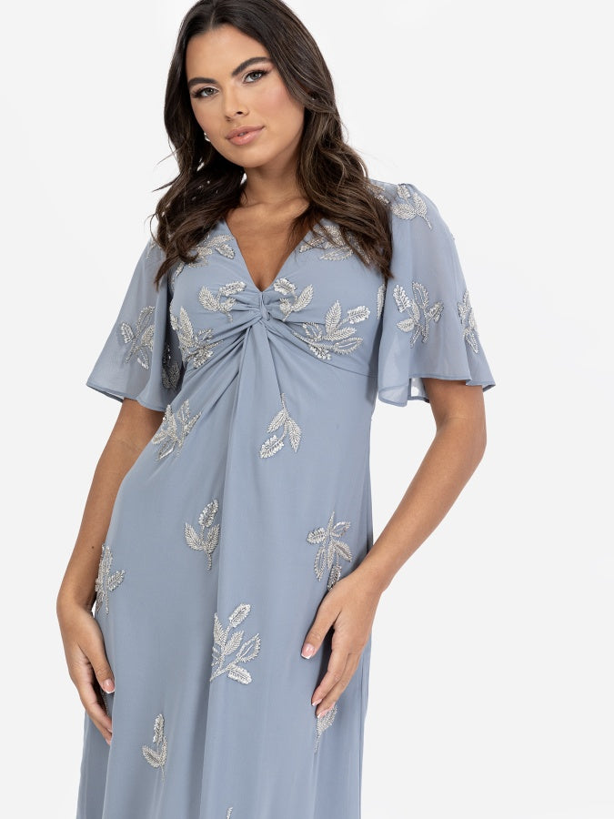 Maya Dusty Blue Embellished Knot Front & Angel Sleeve Maxi Dress