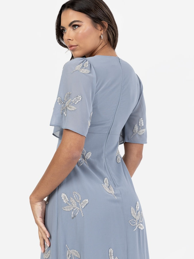 Maya Dusty Blue Embellished Knot Front & Angel Sleeve Maxi Dress