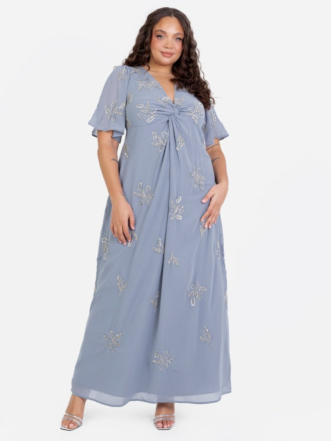 Maya Dusty Blue Embellished Knot Front & Angel Sleeve Maxi Dress