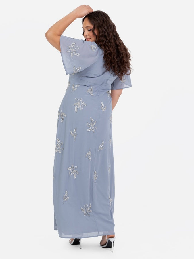 Maya Dusty Blue Embellished Knot Front & Angel Sleeve Maxi Dress