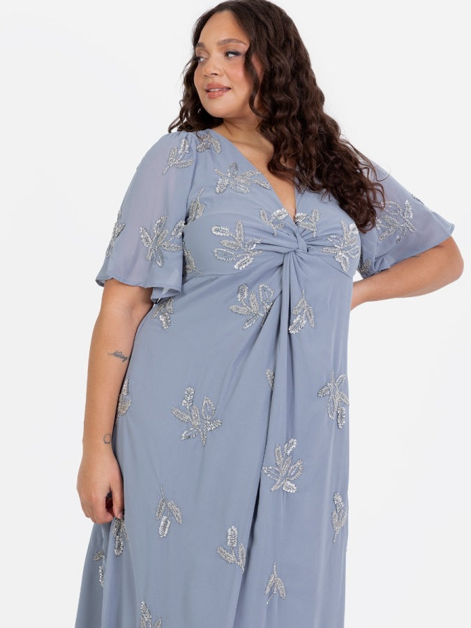 Maya Dusty Blue Embellished Knot Front & Angel Sleeve Maxi Dress