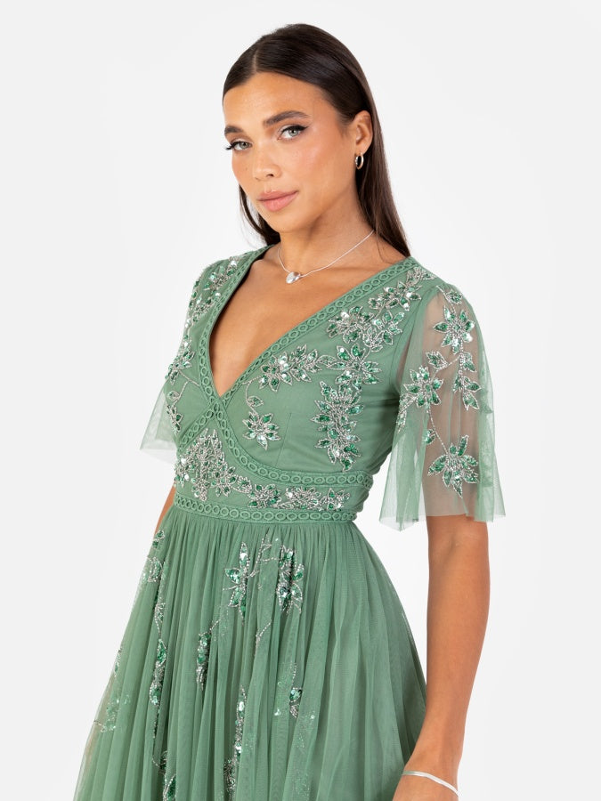 Maya Dark Sage Green Floral Motif Short Sleeve Midi Dress