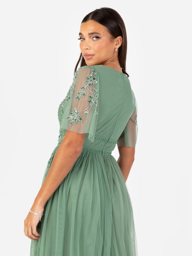 Maya Dark Sage Green Floral Motif Short Sleeve Midi Dress