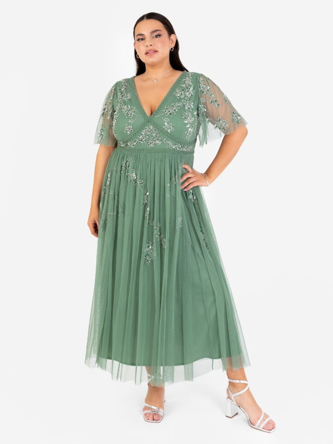 Maya Dark Sage Green Floral Motif Short Sleeve Midi Dress