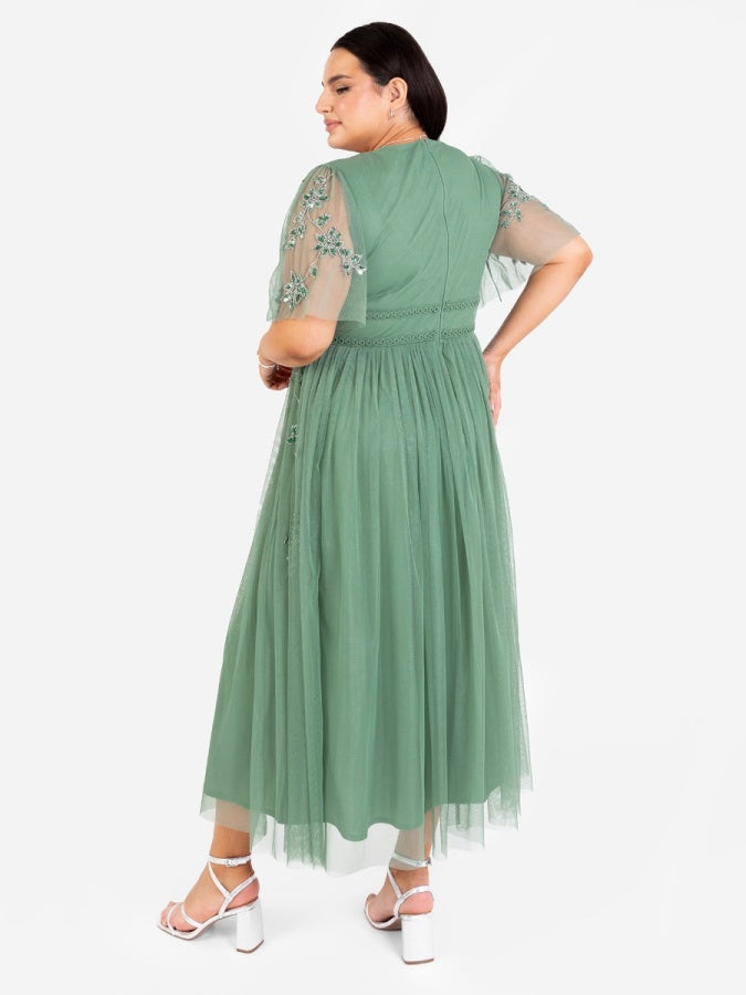 Maya Dark Sage Green Floral Motif Short Sleeve Midi Dress