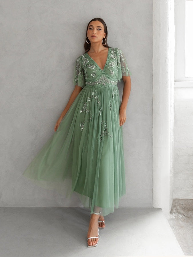 Maya Dark Sage Green Floral Motif Short Sleeve Midi Dress