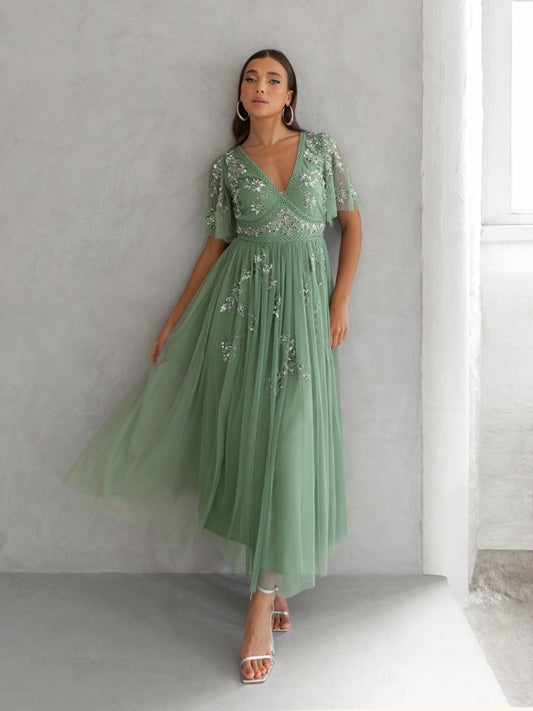 Maya Dark Sage Green Floral Motif Short Sleeve Midi Dress