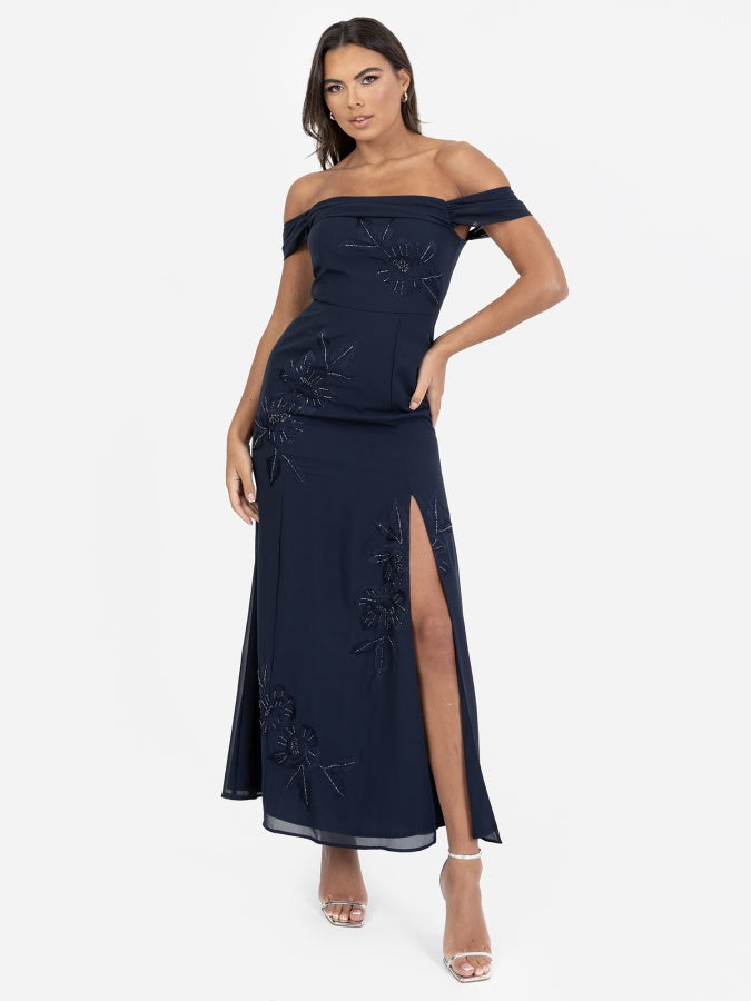 Maya Navy Floral Embroidered Bardot Maxi Dress with Skirt Split