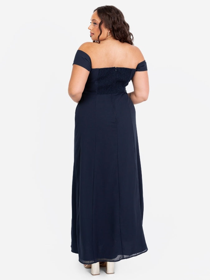 Maya Navy Floral Embroidered Bardot Maxi Dress with Skirt Split