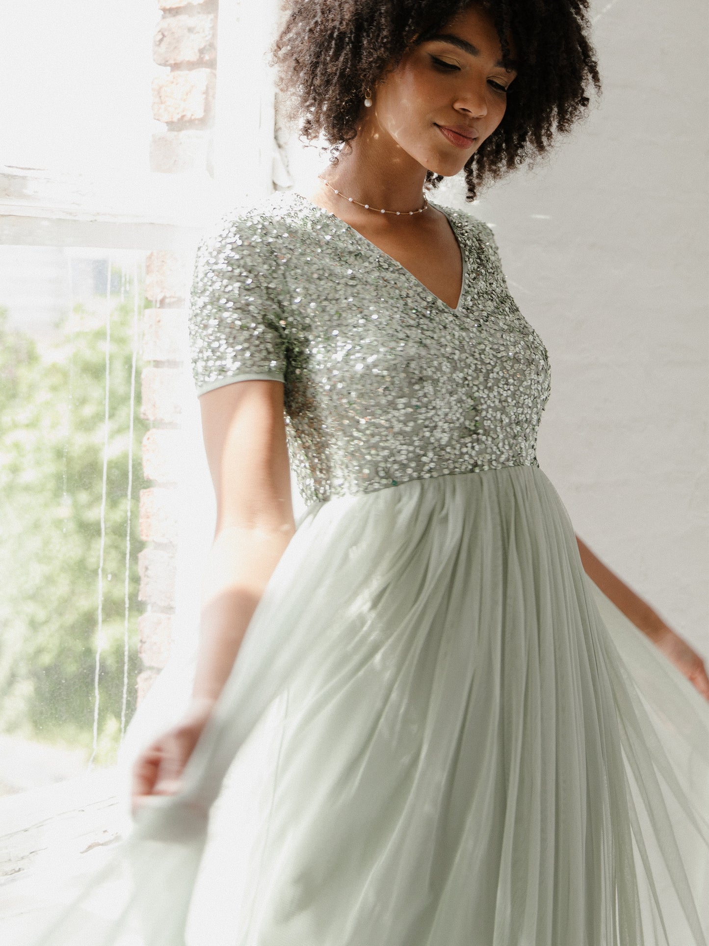 Maya Sage Green V Neckline Embellished Maxi Dress