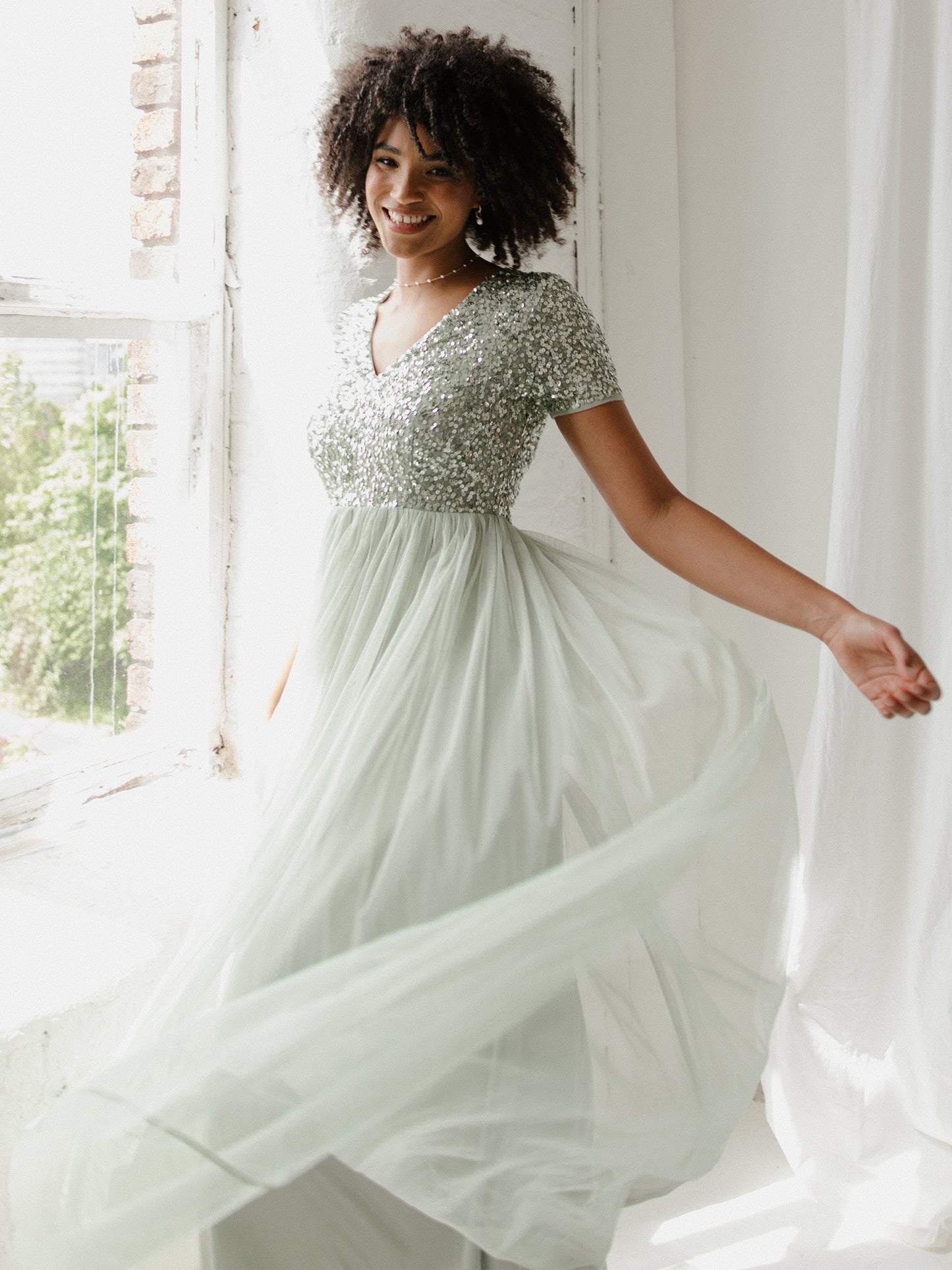 Maya Sage Green V Neckline Embellished Maxi Dress