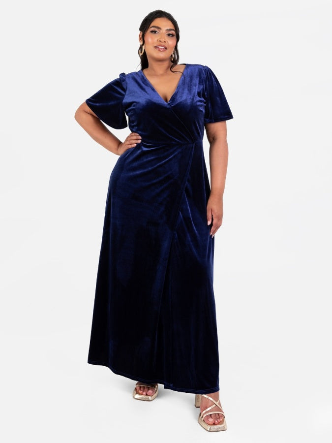 Maya Velvet Navy Faux Wrap Maxi Dress