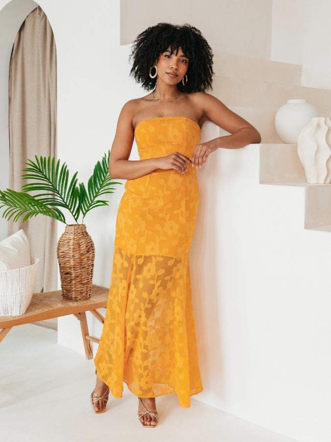 Anaya With Love Recycled Orange Floral Burnout Bandeau Maxi Dress