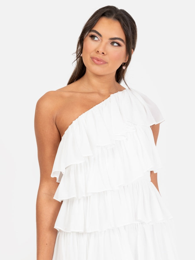 Anaya With Love Recycled White One Shoulder Tiered Mini Dress