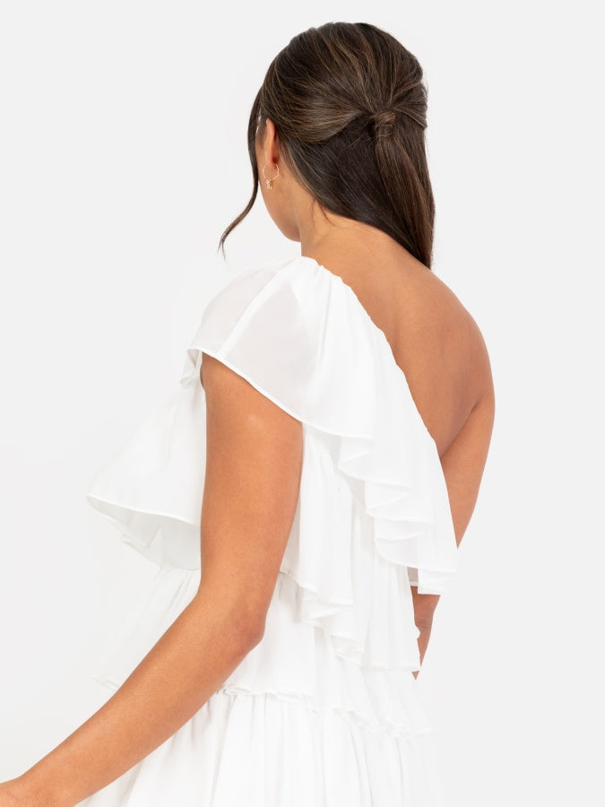Anaya With Love Recycled White One Shoulder Tiered Mini Dress