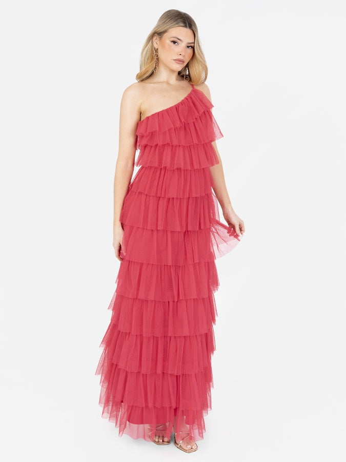 Anaya With Love Recycled Paradise Pink One Shoulder Tiered Ruffle Maxi Dress