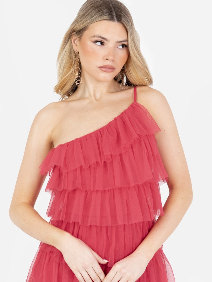 Anaya With Love Recycled Paradise Pink One Shoulder Tiered Ruffle Maxi Dress