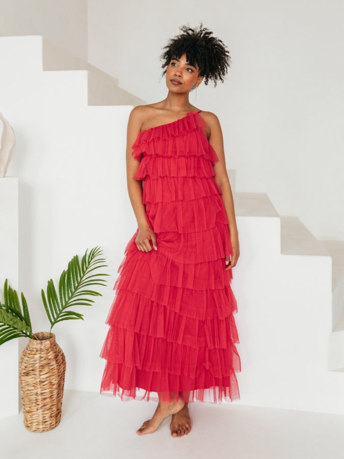 Anaya With Love Recycled Paradise Pink One Shoulder Tiered Ruffle Maxi Dress