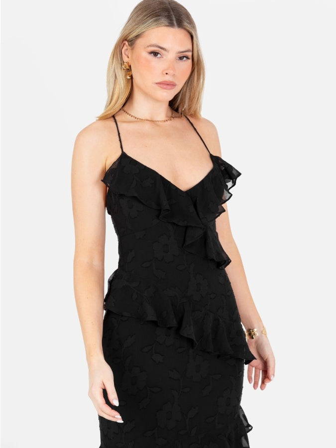 Anaya With Love Recycled Black Floral Burnout Strappy Ruffled Maxi Dress