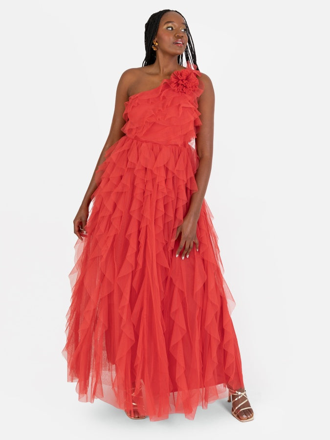 Anaya With Love Recycled Red Waterfall One Shoulder Maxi Dress