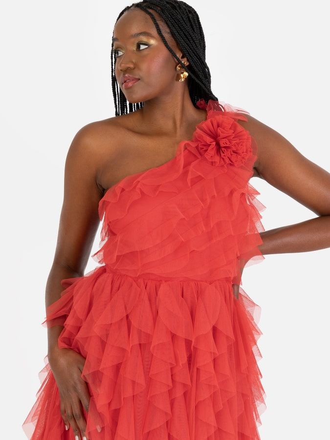 Anaya With Love Recycled Red Waterfall One Shoulder Maxi Dress