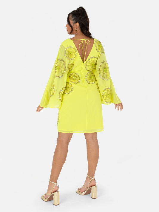 Maya Yellow Floral Motif Cape Sleeve Mini Dress