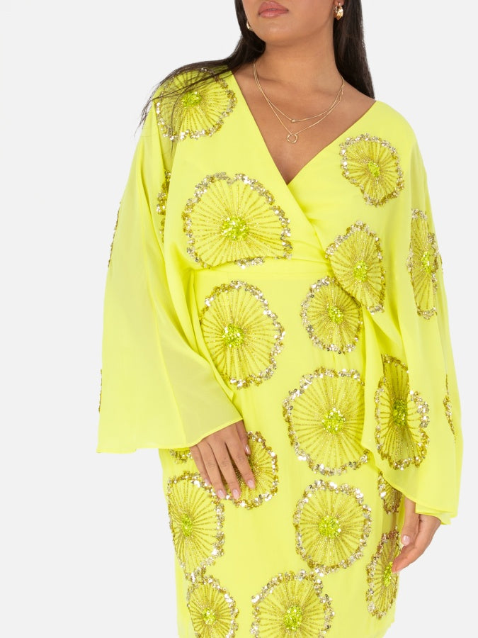 Maya Yellow Floral Motif Cape Sleeve Mini Dress