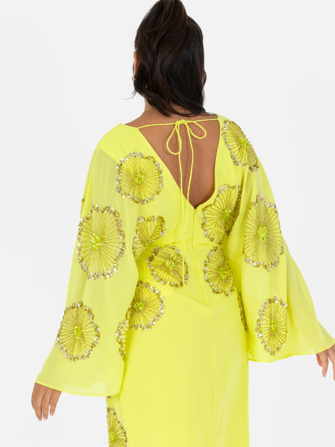 Maya Yellow Floral Motif Cape Sleeve Mini Dress